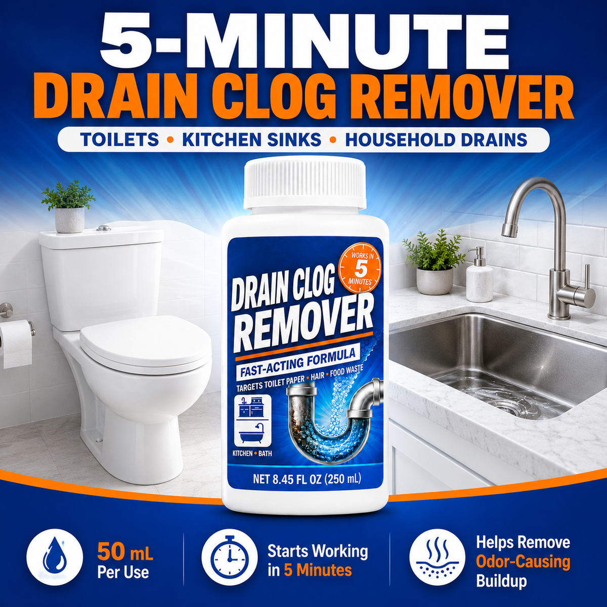 5-Minute Drain Clog Remover for Toilets, Kitchens & Fresh-Smelling Drains