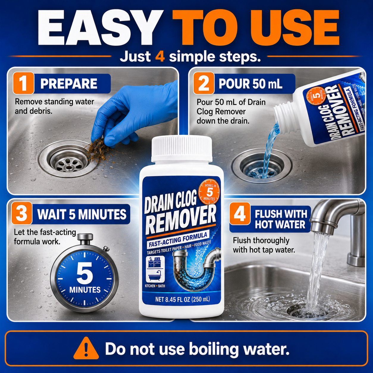 5-Minute Drain Clog Remover for Toilets, Kitchens & Fresh-Smelling Drains