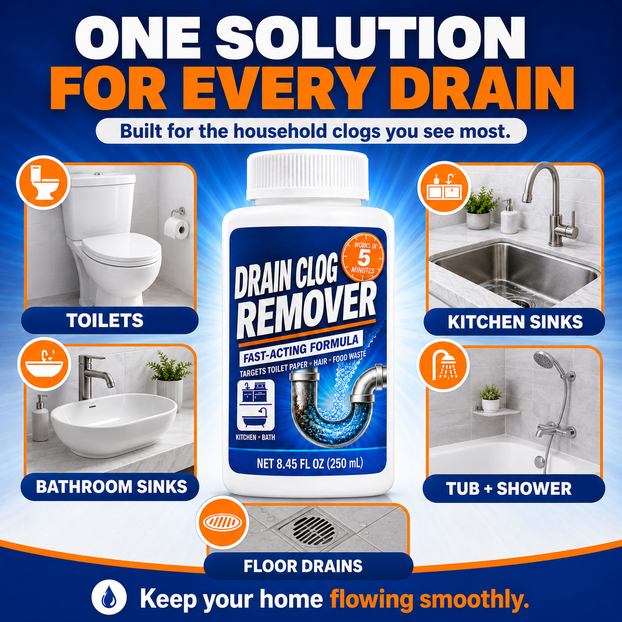 5-Minute Drain Clog Remover for Toilets, Kitchens & Fresh-Smelling Drains