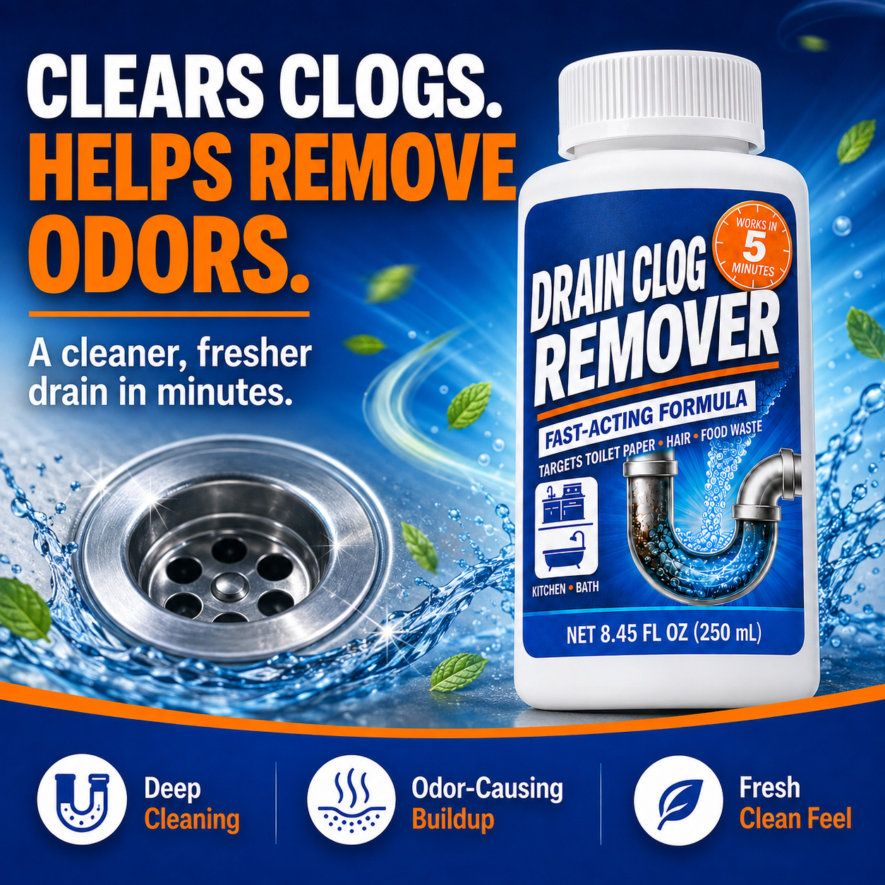 5-Minute Drain Clog Remover for Toilets, Kitchens & Fresh-Smelling Drains