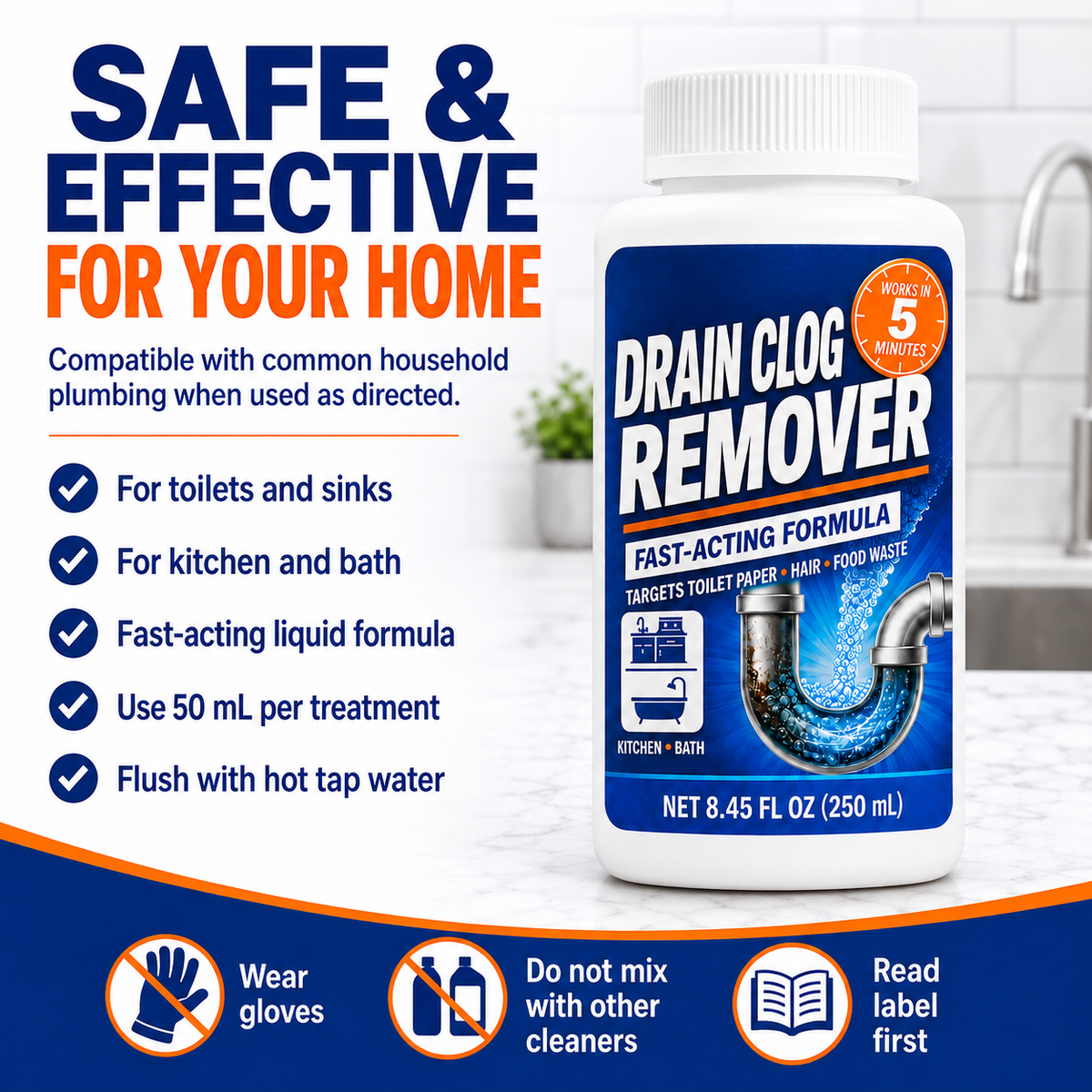 5-Minute Drain Clog Remover for Toilets, Kitchens & Fresh-Smelling Drains