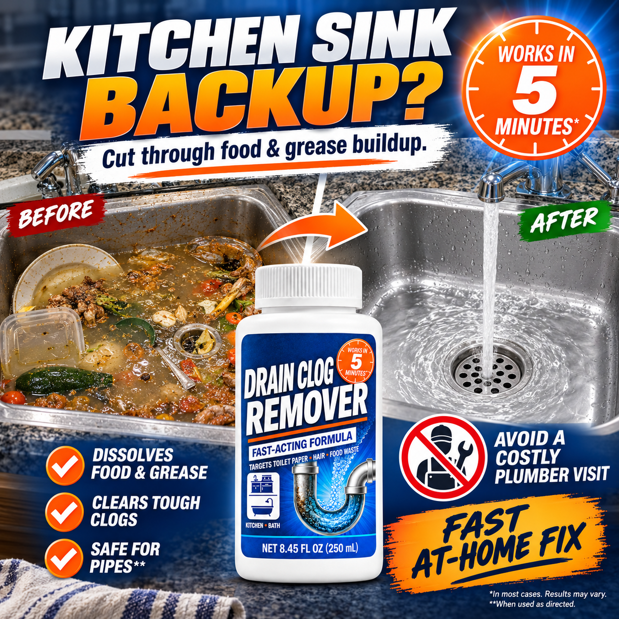 5-Minute Drain Clog Remover for Toilets, Kitchens & Fresh-Smelling Drains